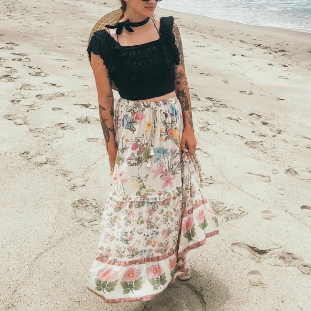 SOLD OUT Floral Bohemian Tassel Tie Pull On Casual Maxi Long Full Length Skirt - Picture 2 of 9
